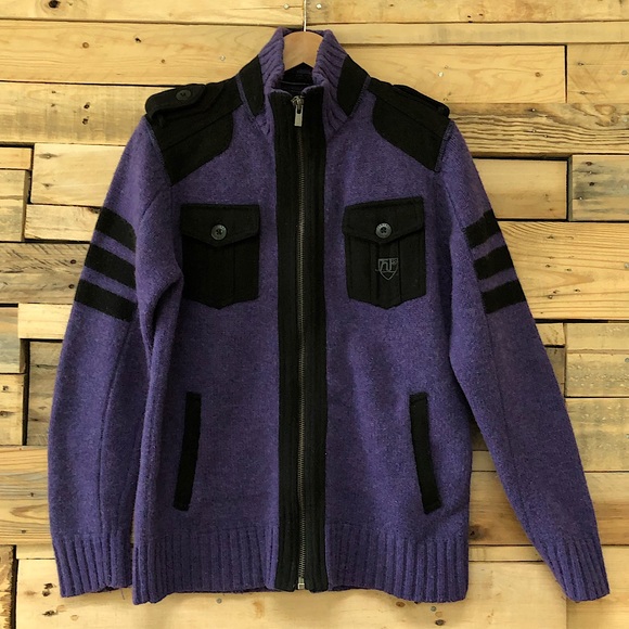 JACK AND JONES purple zip front Andy Cardigan with black accents, size 180/100A. - Picture 1 of 12